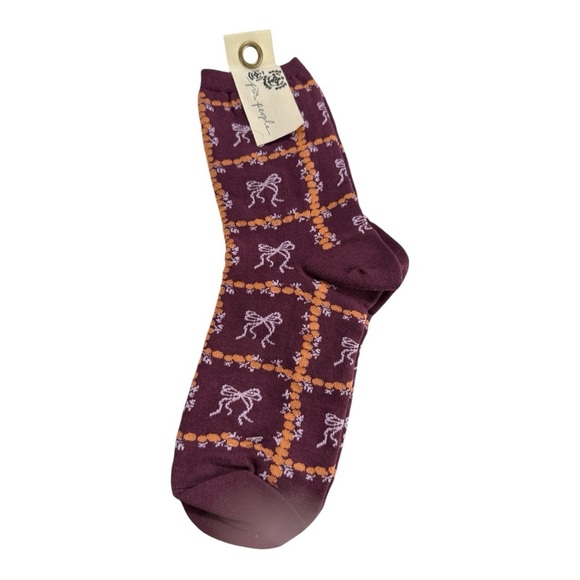 Free People Bow Grid Crew Socks – Plum & Orange - Picture 2 of 4